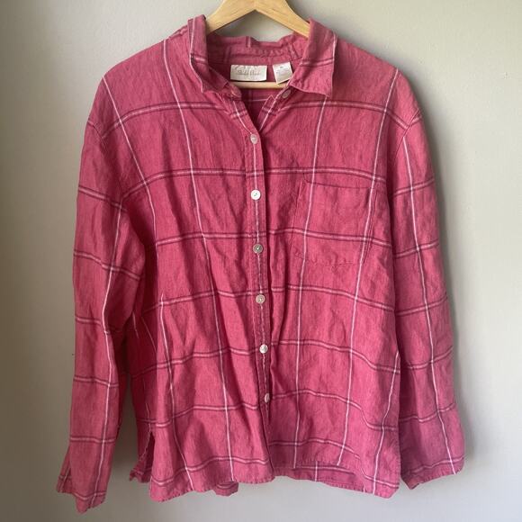 Vintage Studio Works Womens Button Down Size XL 100% Linen Plaid Pink - Picture 1 of 9